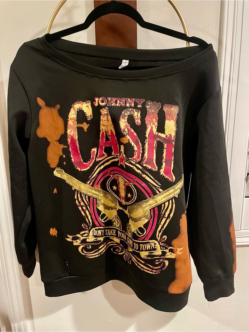 Johnny Cash Graphic Black Sweatshirt with Gold & Pink Print